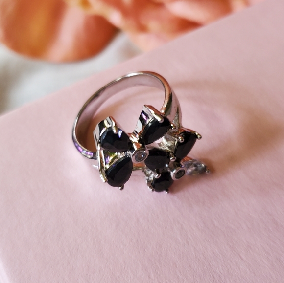 Sterling Silver 925 Blue Topaz Black Sapphire Ring Flower Floral SIZE 7.75 J-475 - Picture 4 of 12